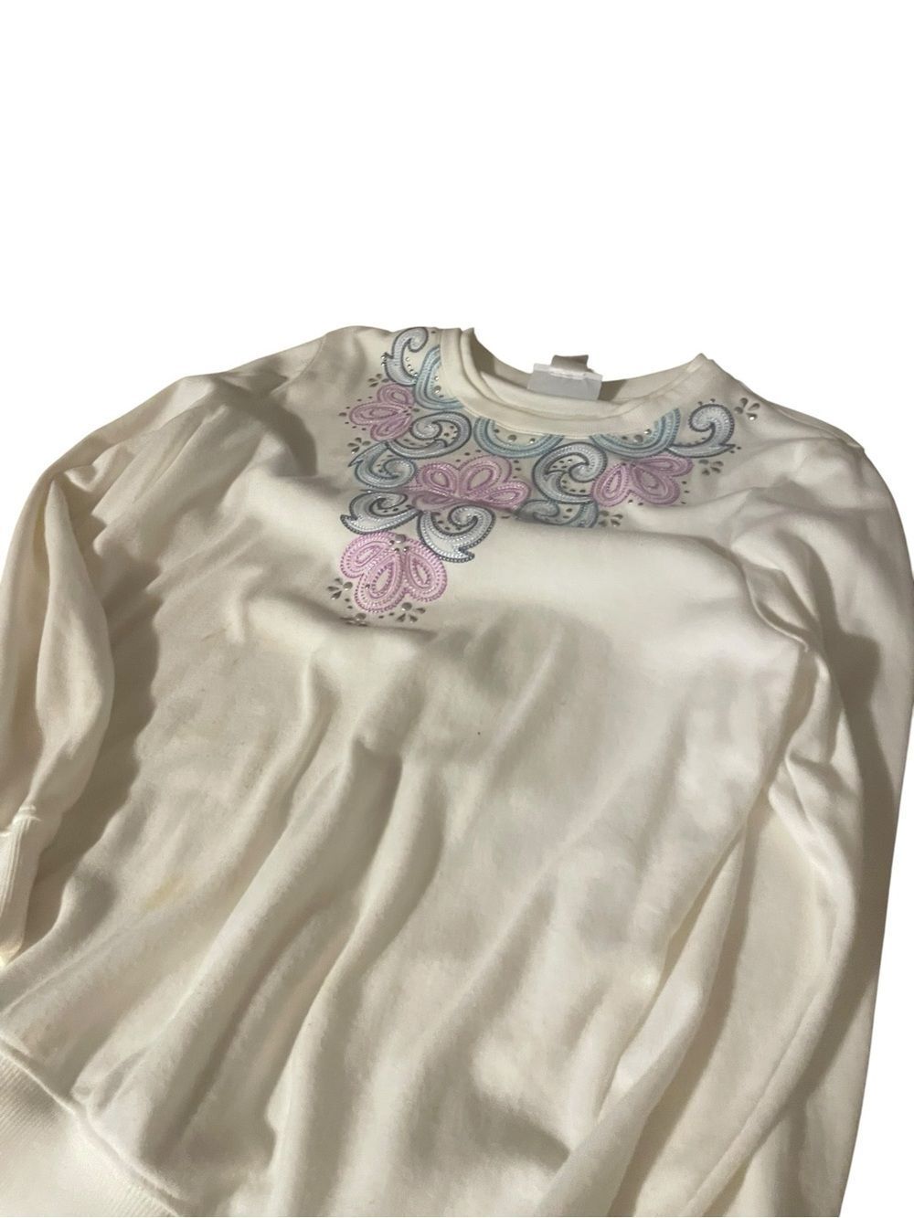 Women’s Cream Sweatshirt with Pink & Blue Embroidered Neck